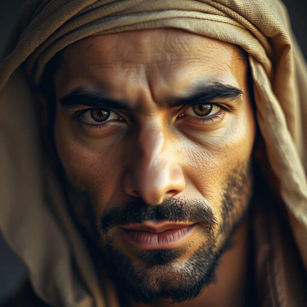 Strong Arab Man with Angular Face and Intense Brown Eyes