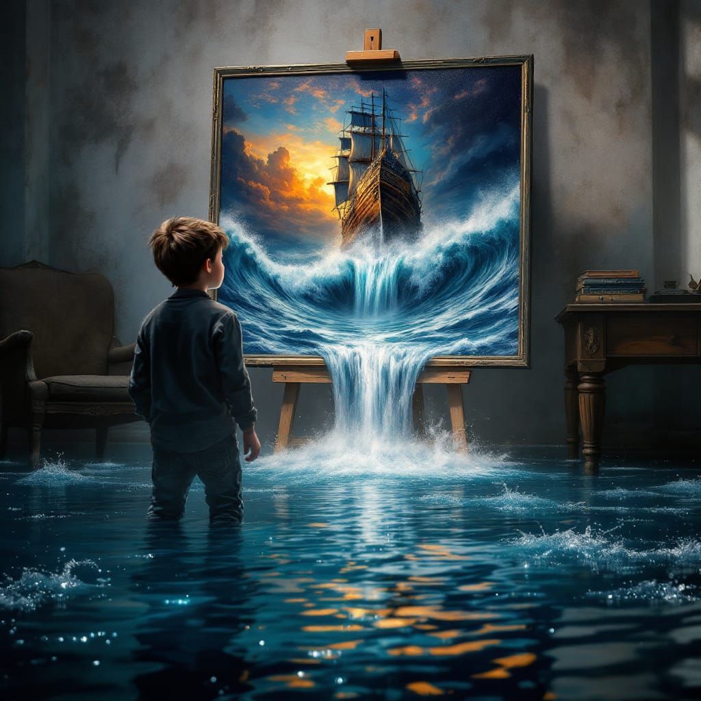 Flooded Room: Boy, Easel, and Bleeding Seascape