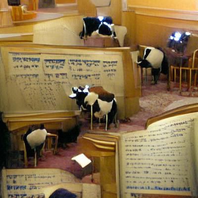 Cows Studying Talmud in Synagogue
