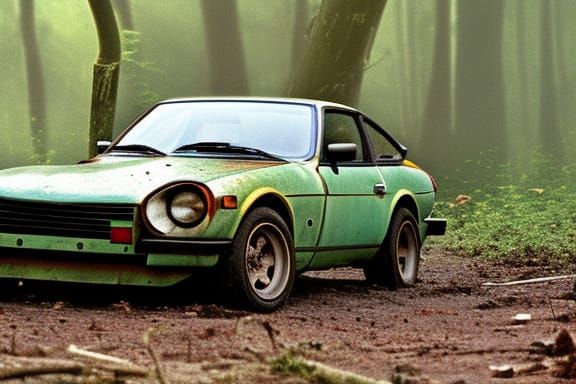 Abandoned Datsun 280z in Overgrown Jungle, Splash Painting