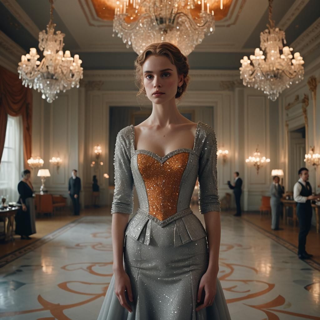 Elegant Ballroom Portrait with Shawl in Cinematic Style