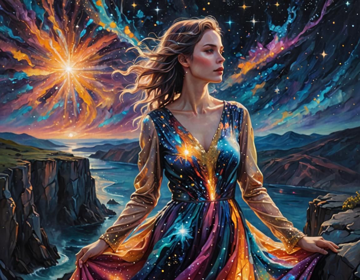 Ethereal Woman in Cosmic Dress Overlooking Starry Sky