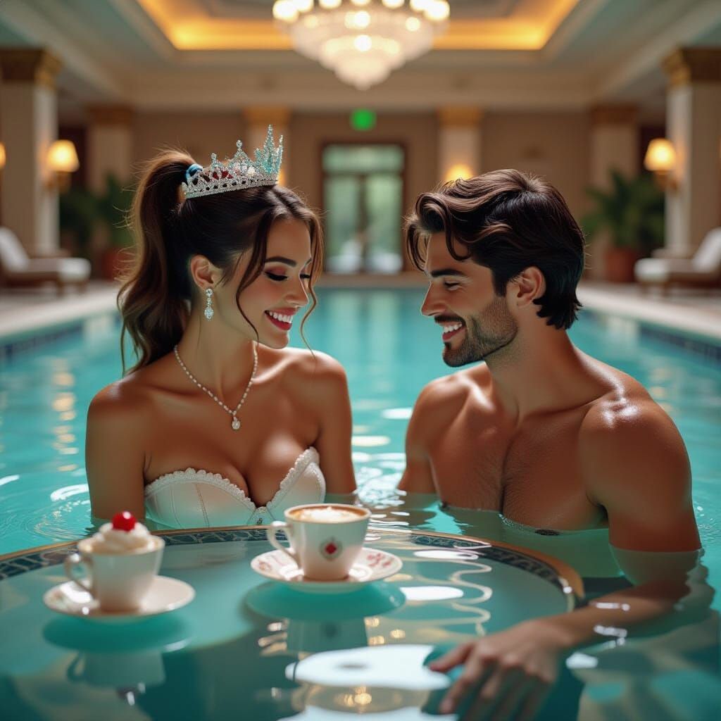Joyful University Girl in Hotel Pool with Diamond Crown