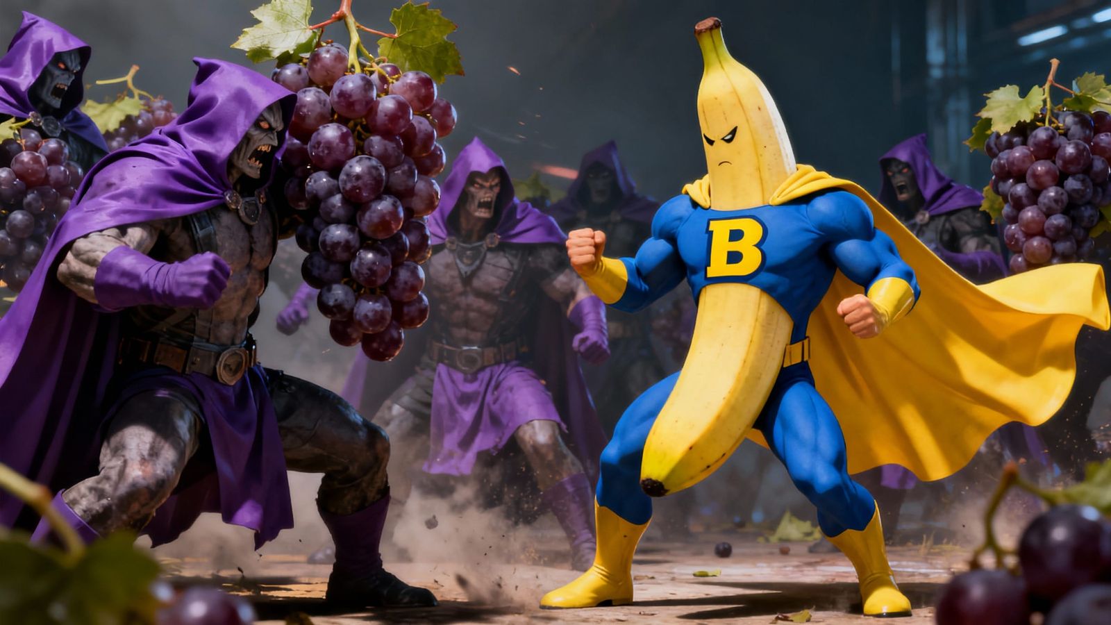 Banana Man vs. Sour Grapes Superhero Battle