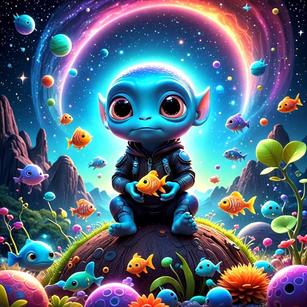 Pixar-Inspired Alien Orphan in Vibrant, Dreamlike Landscape