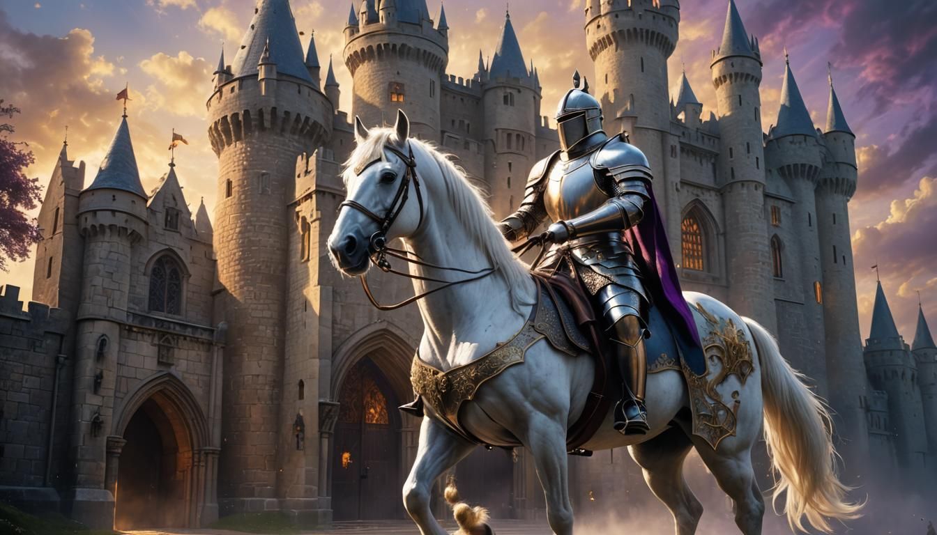 Armored Knight on White Stallion in Gothic Castle