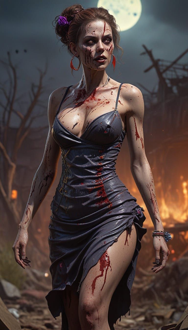 Zombie Woman in Party Dress in Wasteland