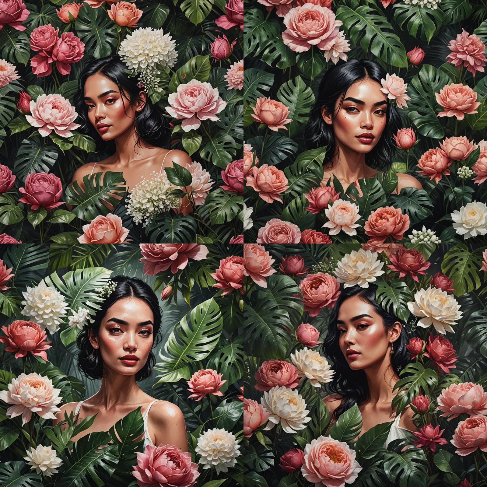 Woman Surrounded by Tropical Flowers in Hyperrealistic Style