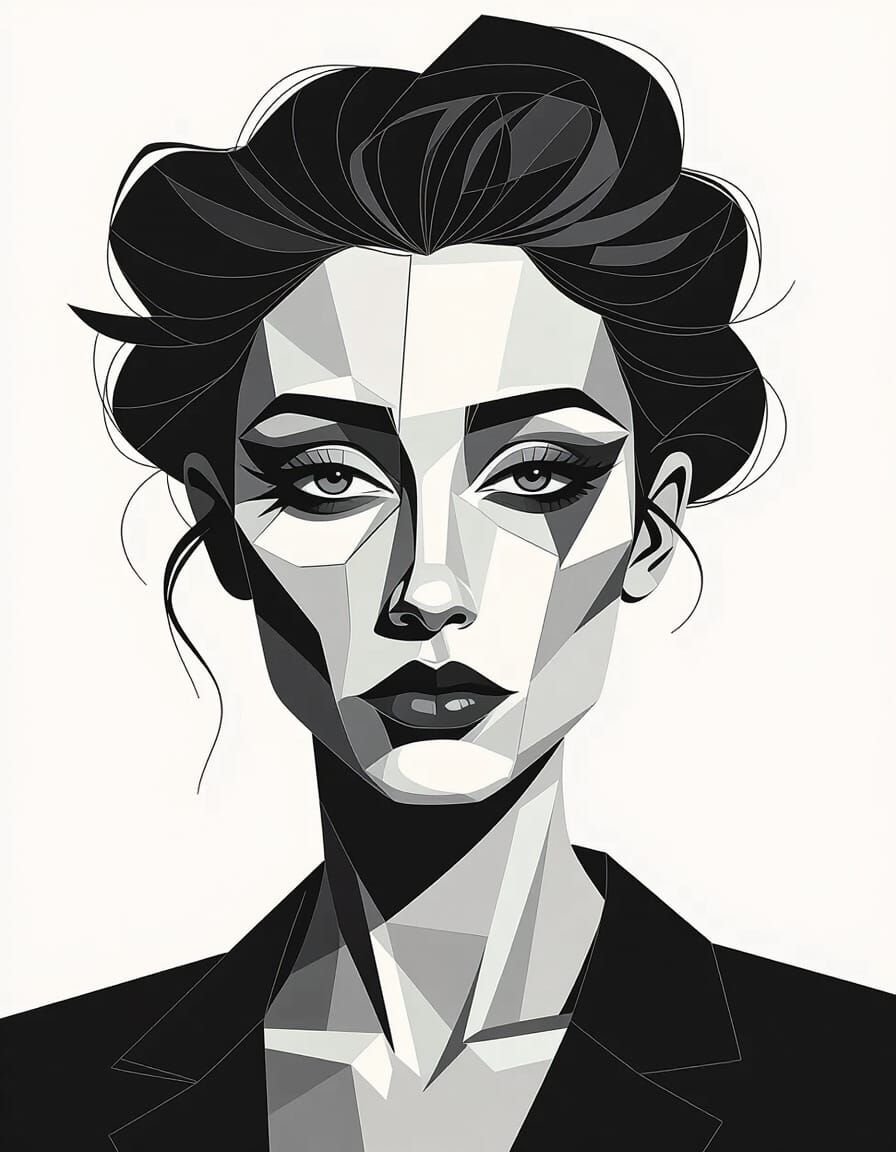 Cubist Woman Portrait in Black and White