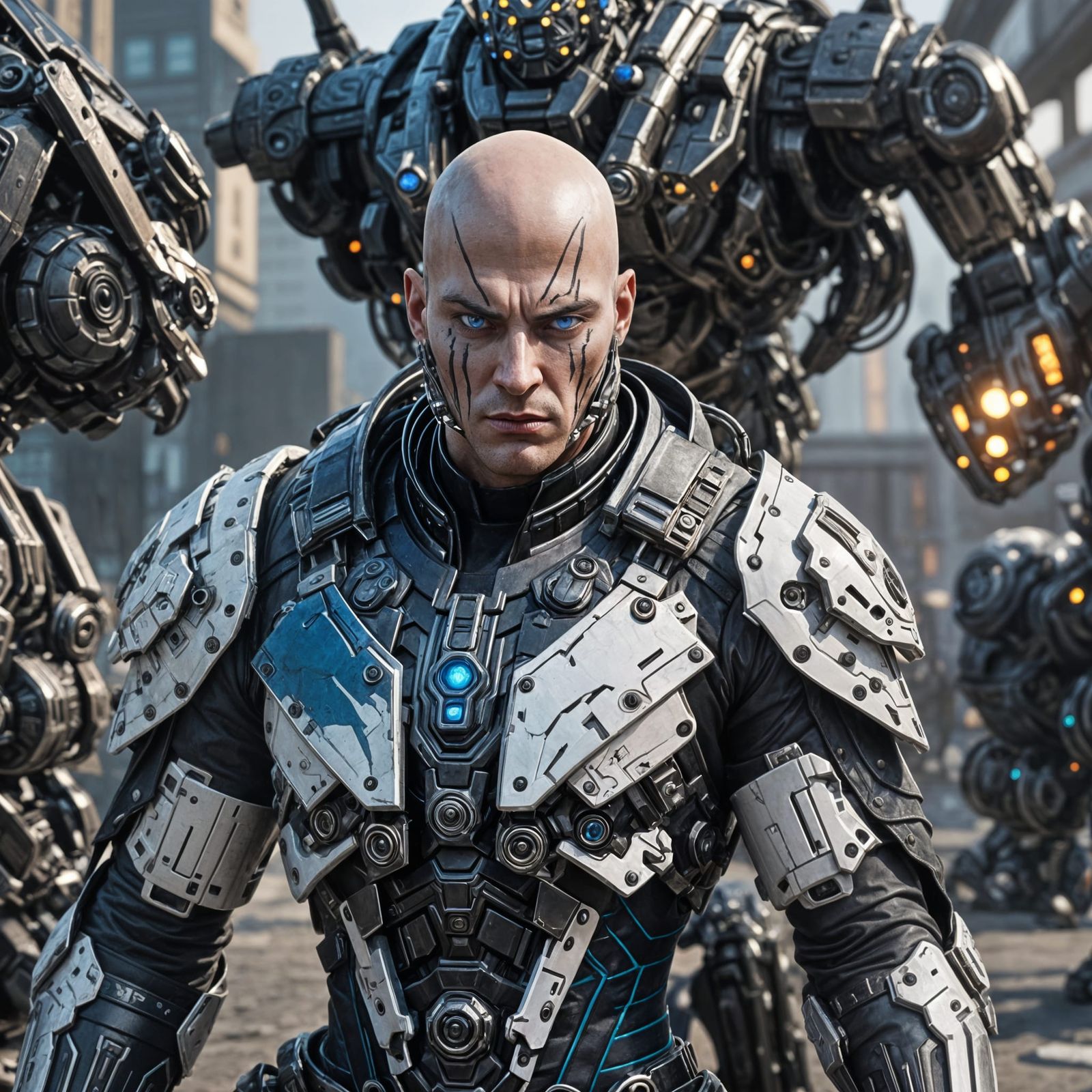 Futuristic Bald Warrior in Sci-Fi Setting
