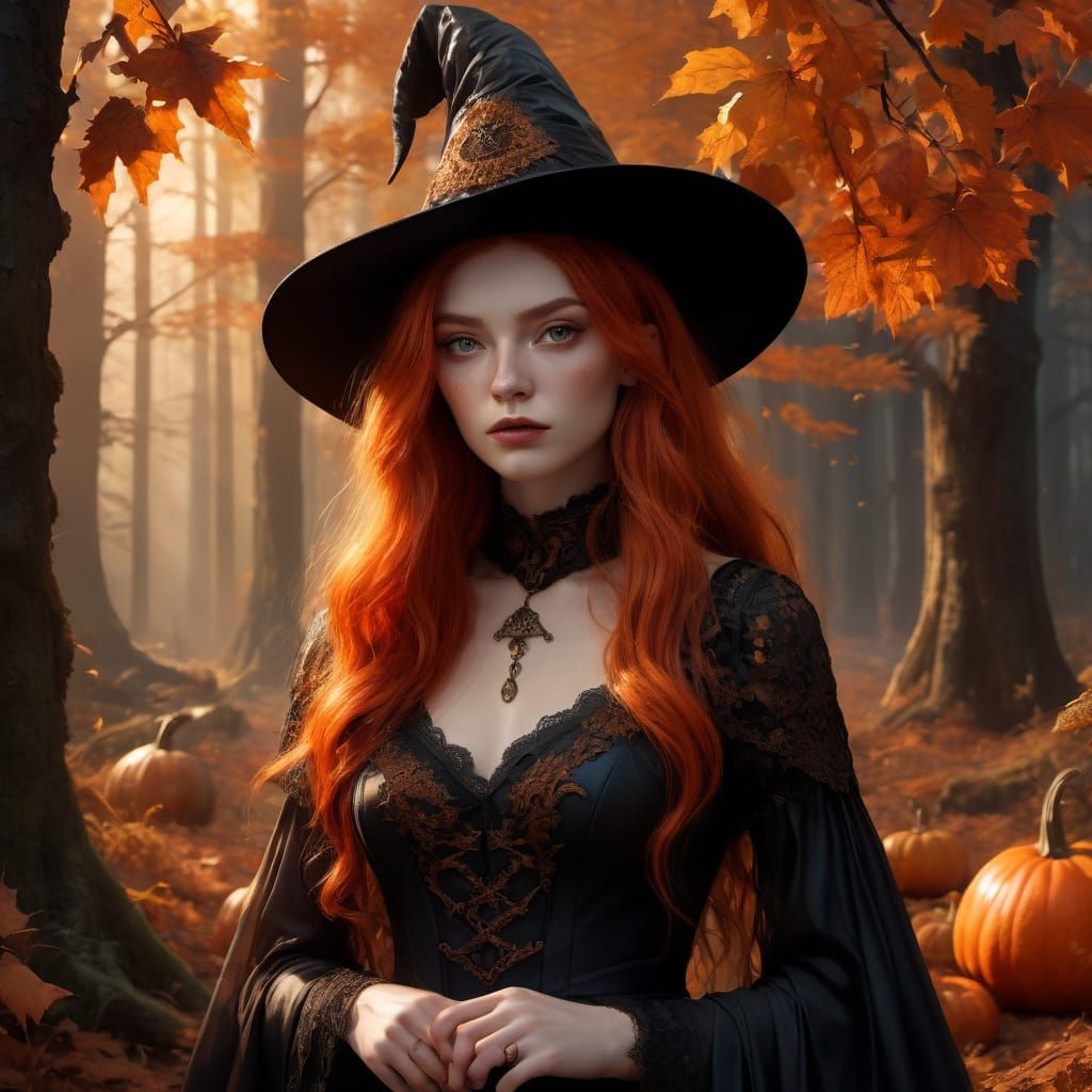 Mysterious Witch in Enchanted Autumn Forest