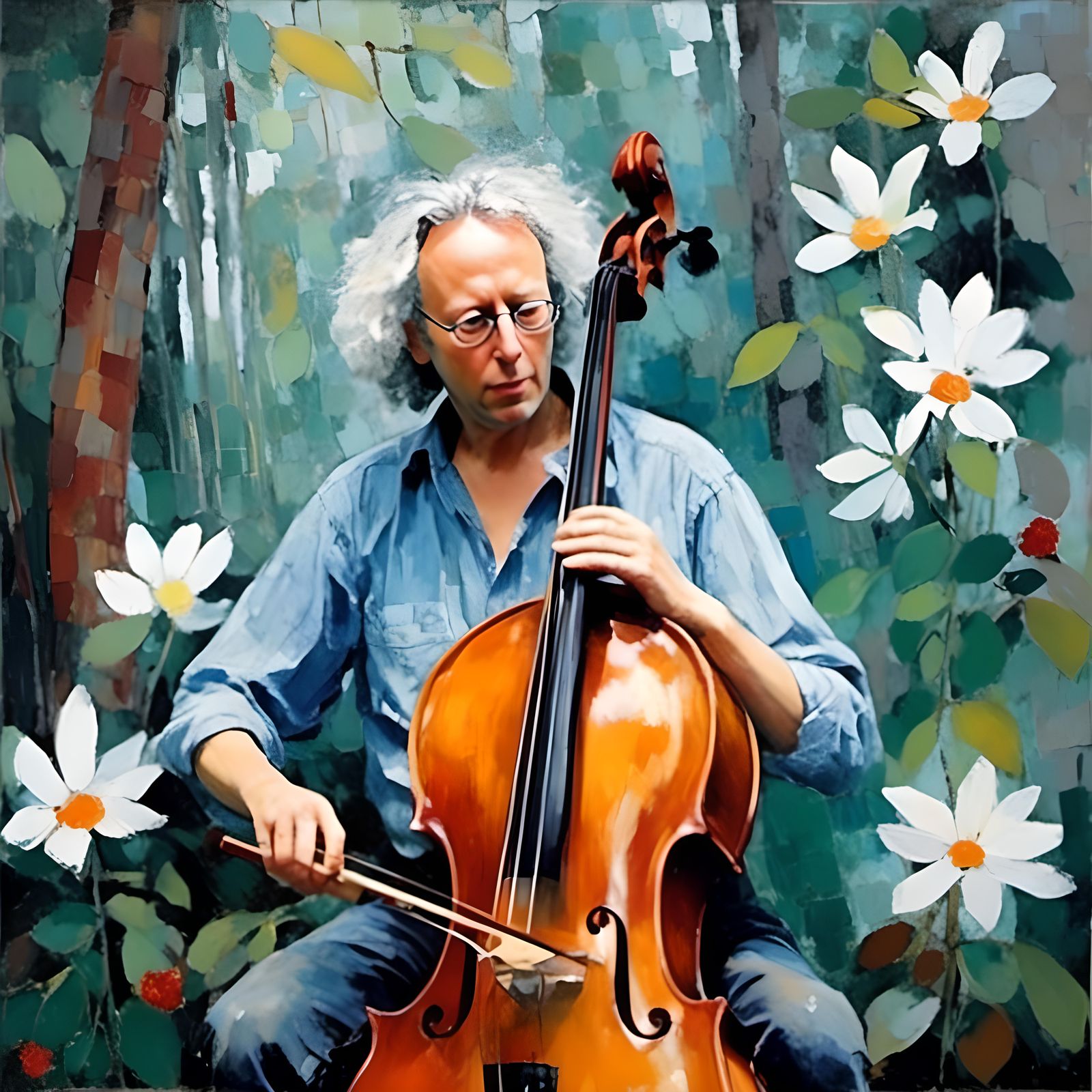 Contrabassist Plays Double Bass in Rainy Amazon, Post-Impres...