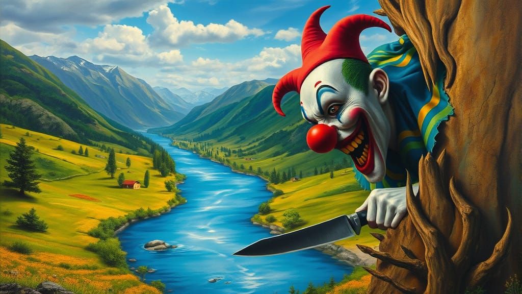 Surreal Valley Scene with Sinister Clown