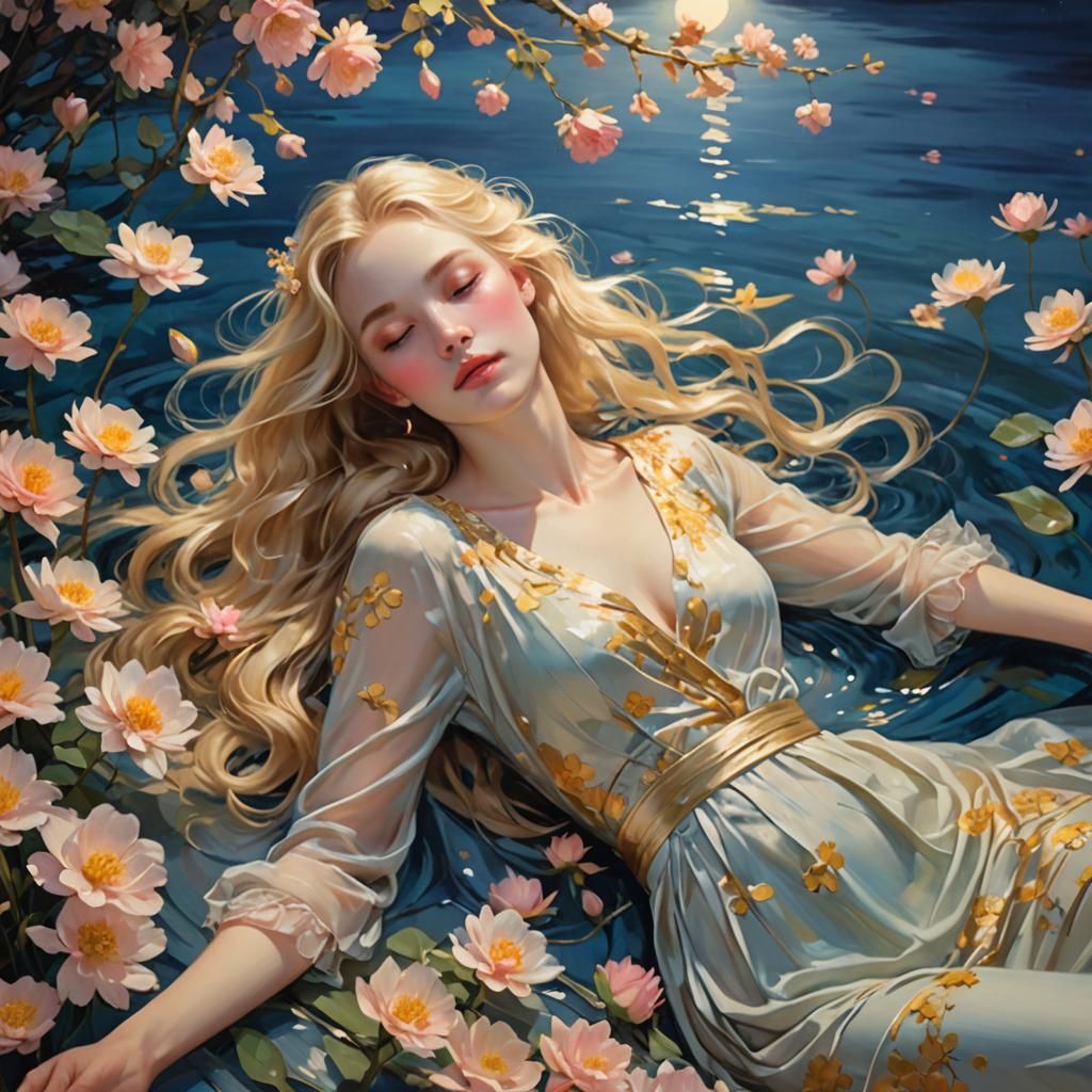 Woman in Moonlight: Impressionistic Floral Serenity