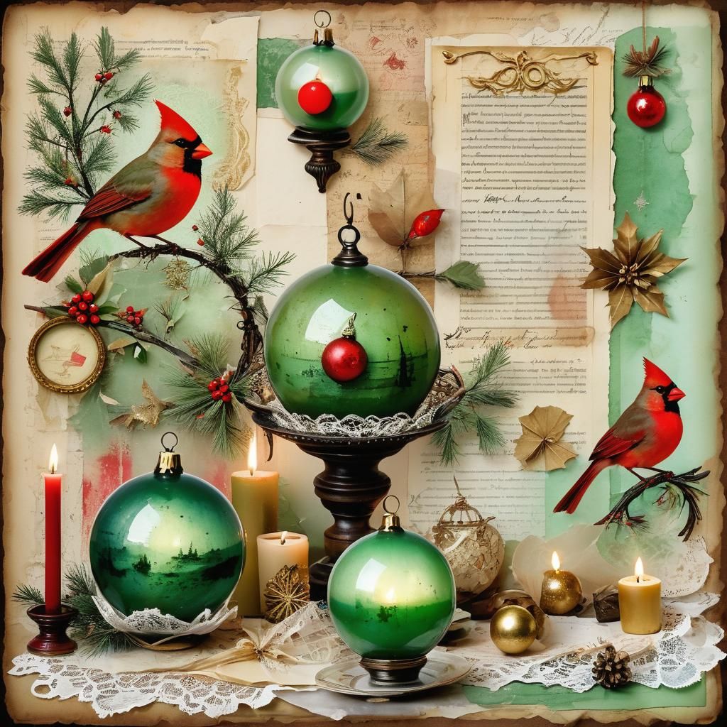Festive Christmas Collage with Cardinals in Mixed Media
