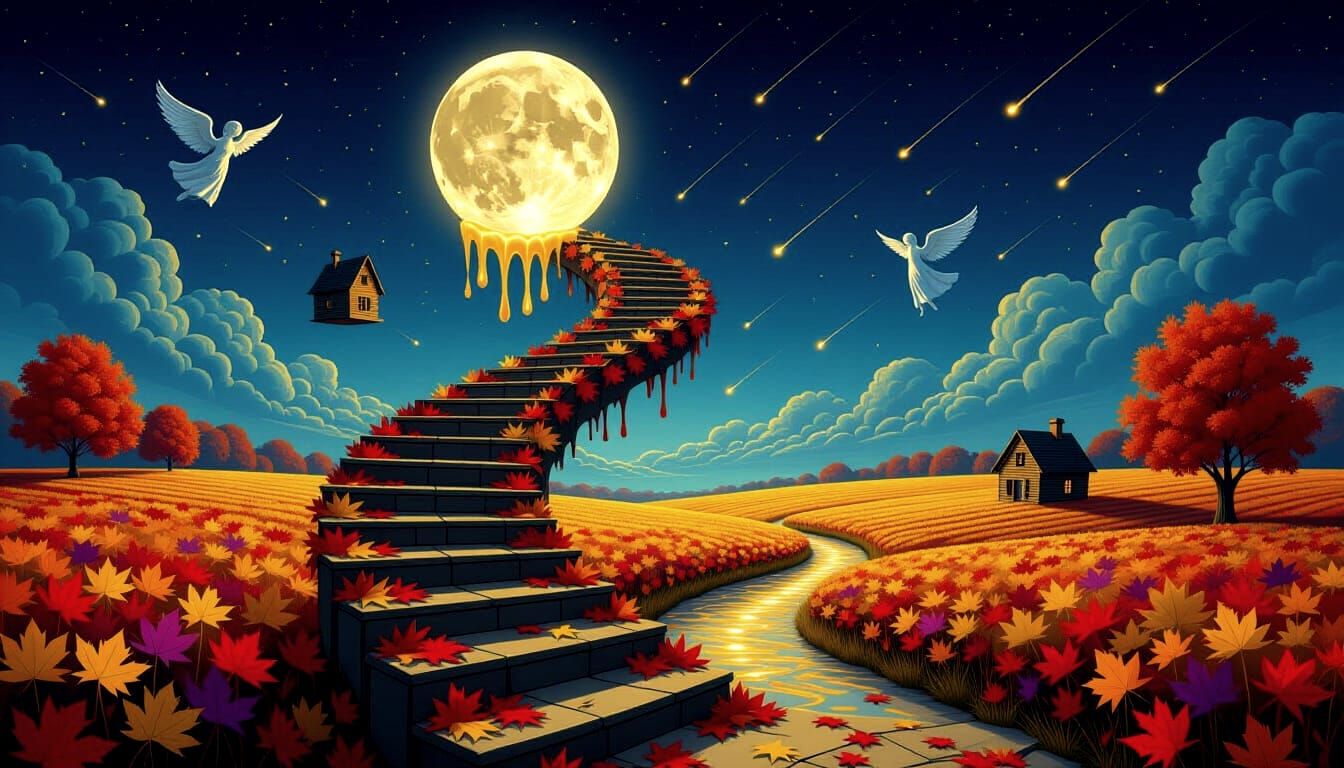 Surreal Autumn Staircase Ascends to Melting Moon