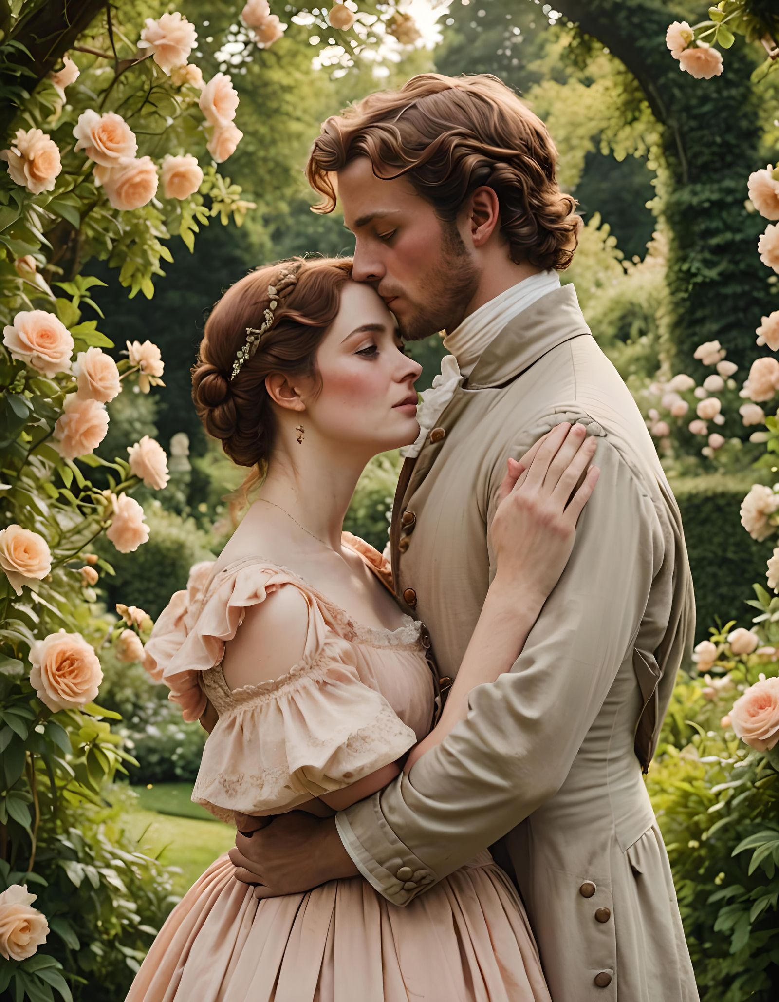 Regency Woman Kissing Man in Garden Portrait