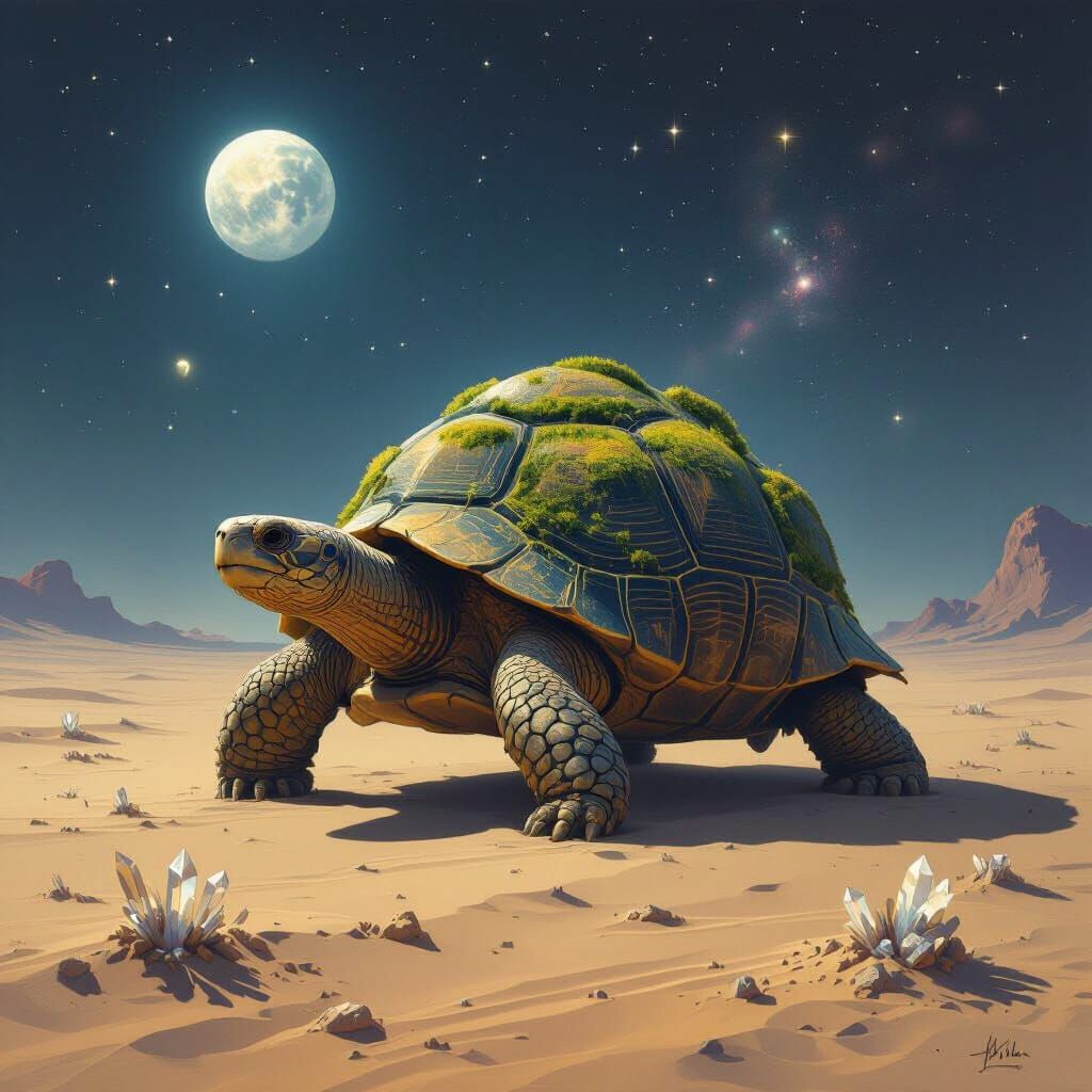 Ancient Nebula Tortoise in Moonlit Desert