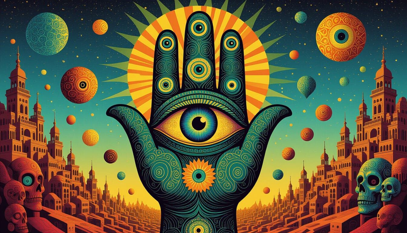 Gaudi-Giger Hamsa with Evil Eye in Magical Realism