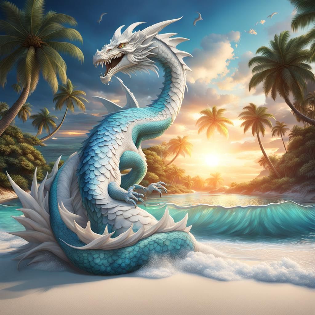 White Dragon on Tropical Beach at Sunset