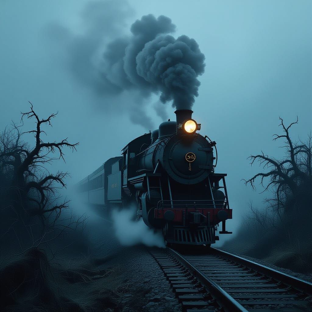 Ethereal Fog Reveals Decaying Steam Train in Dark Fantasy St...