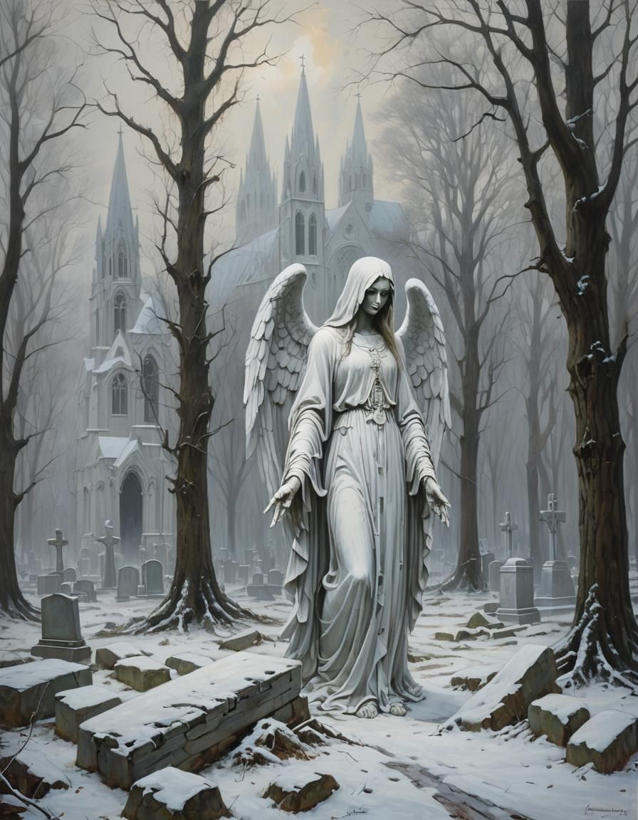 Eerie Angel in Graveyard with Gothic Cathedral