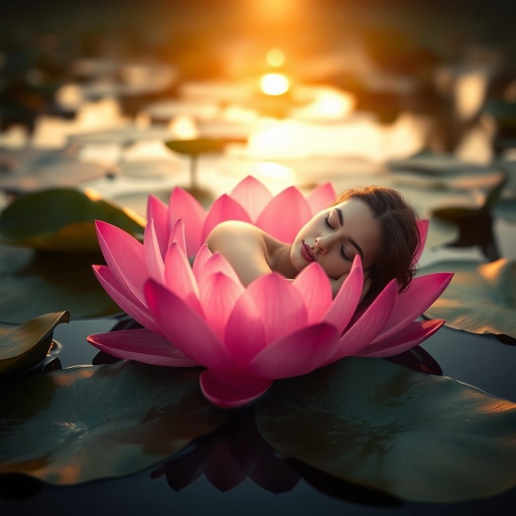 beauty goddess sleeping in a Beautiful Pink Lotus Flower Flo...