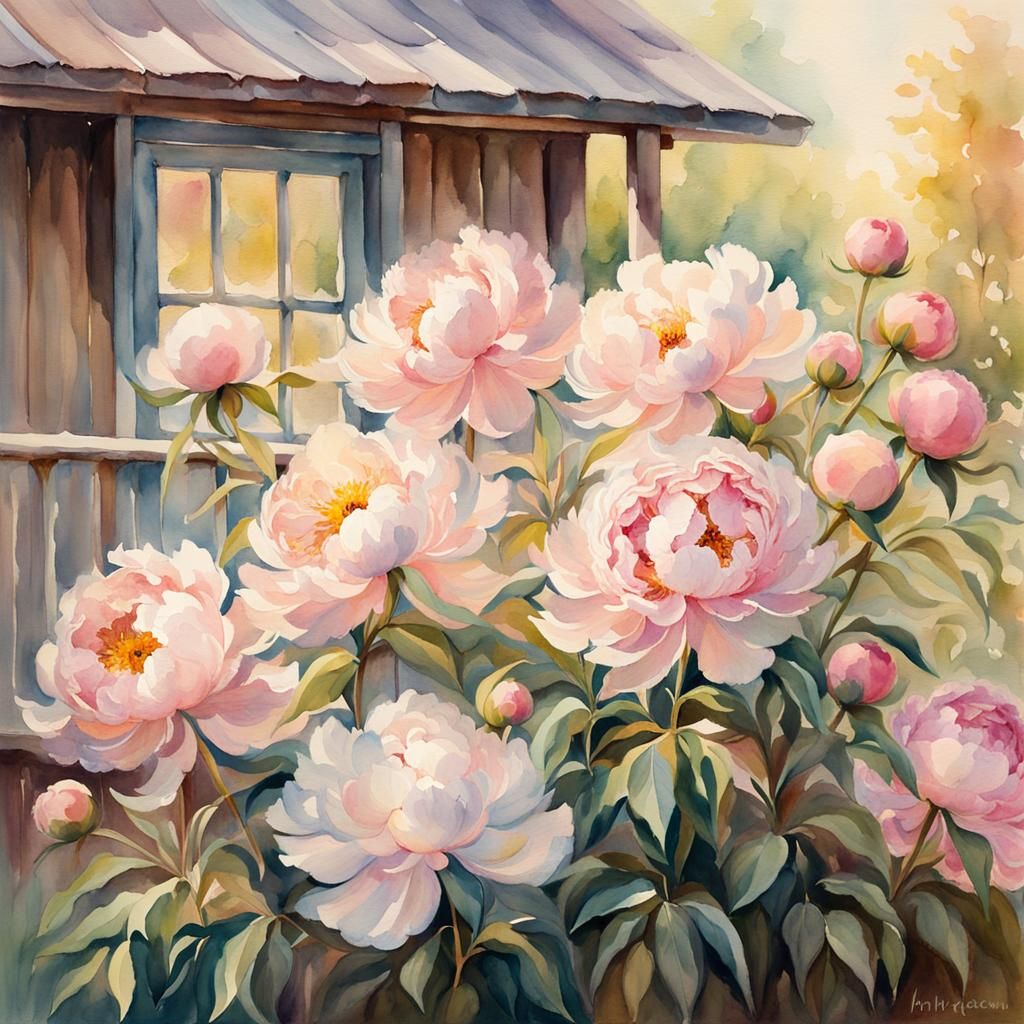 Watercolor Peonies in Bloom on Cottage Balcony