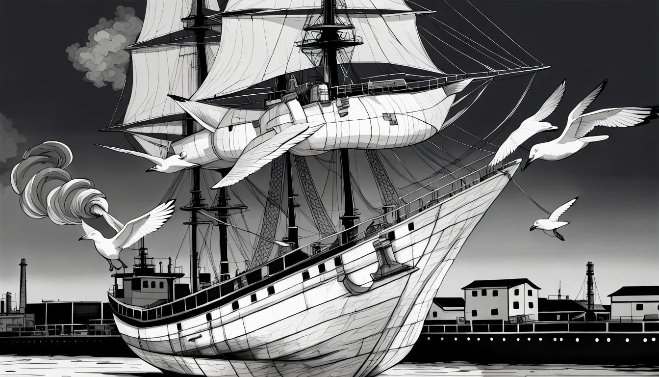 Monochrome Seagull and Sailing Ship in Industrial Port
