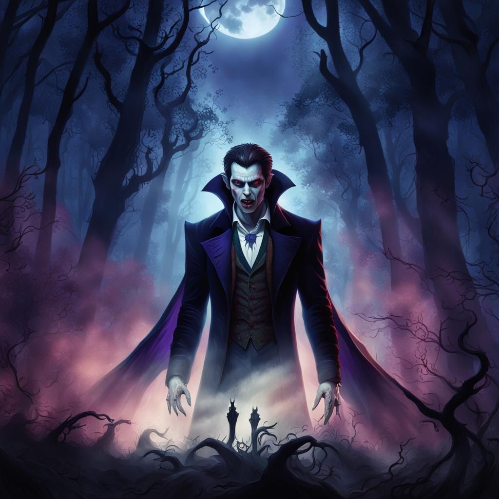 Vampire in Misty Forest: Hyperrealistic Digital Art