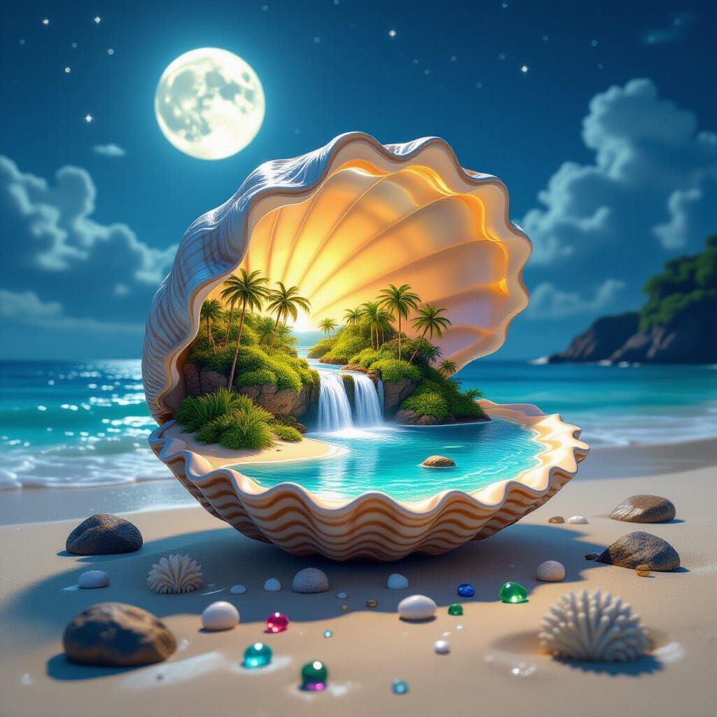 Miniature Island Paradise in Seashell, 3D Render