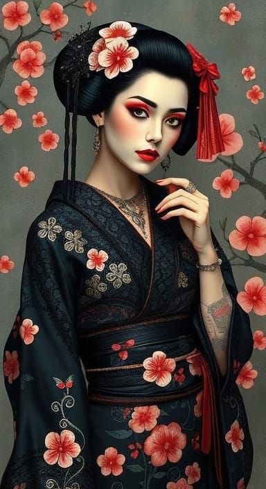 Geisha in Goth-Punk Style with Cherry Blossom Tattoos