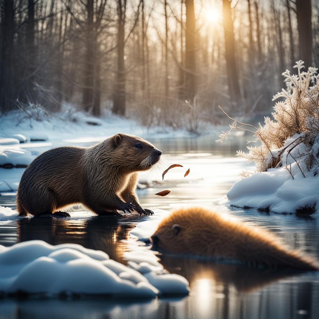 HYPERREALISTIC a very sunnier heavenly sunshine beams Winter beautiful Riverscape beautiful beavers is catching a fish, ...