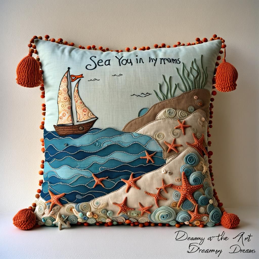 Dreamy Textile Art Pillow at the Sea
