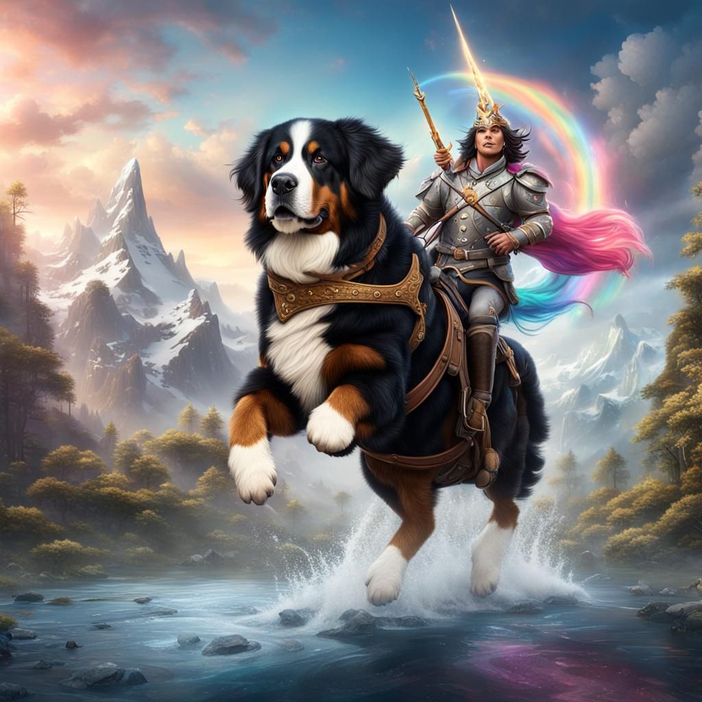 Bernese Mountain Dog Rides Unicorn: Fantasy Concept Art