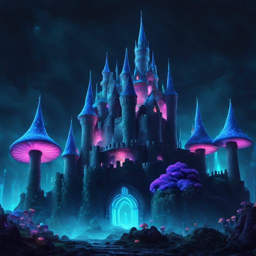 Bioluminescent Castle Glowing in Darkness, a Surreal Digital...
