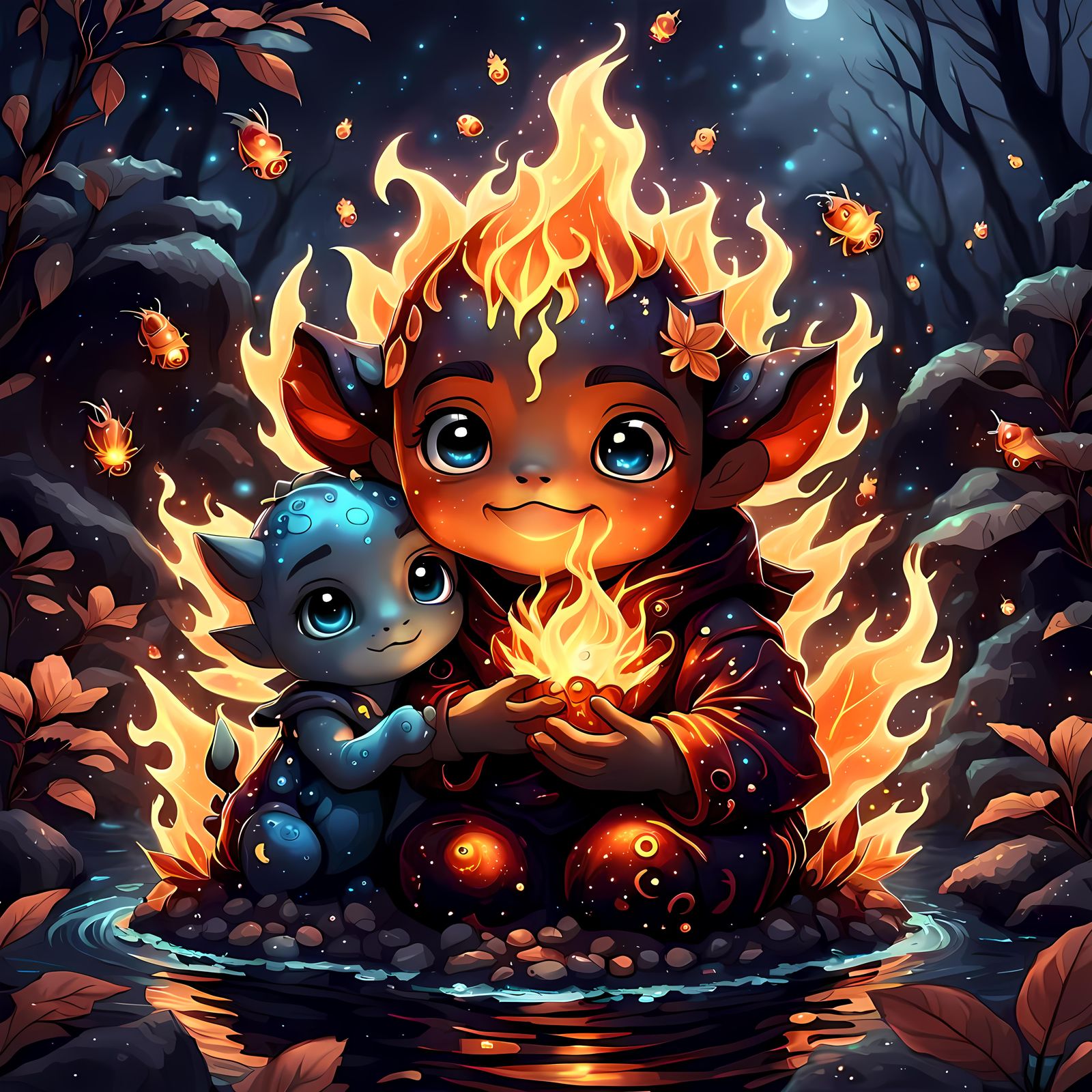 Fire Elemental Adopts Water Elemental: 3D Digital Art