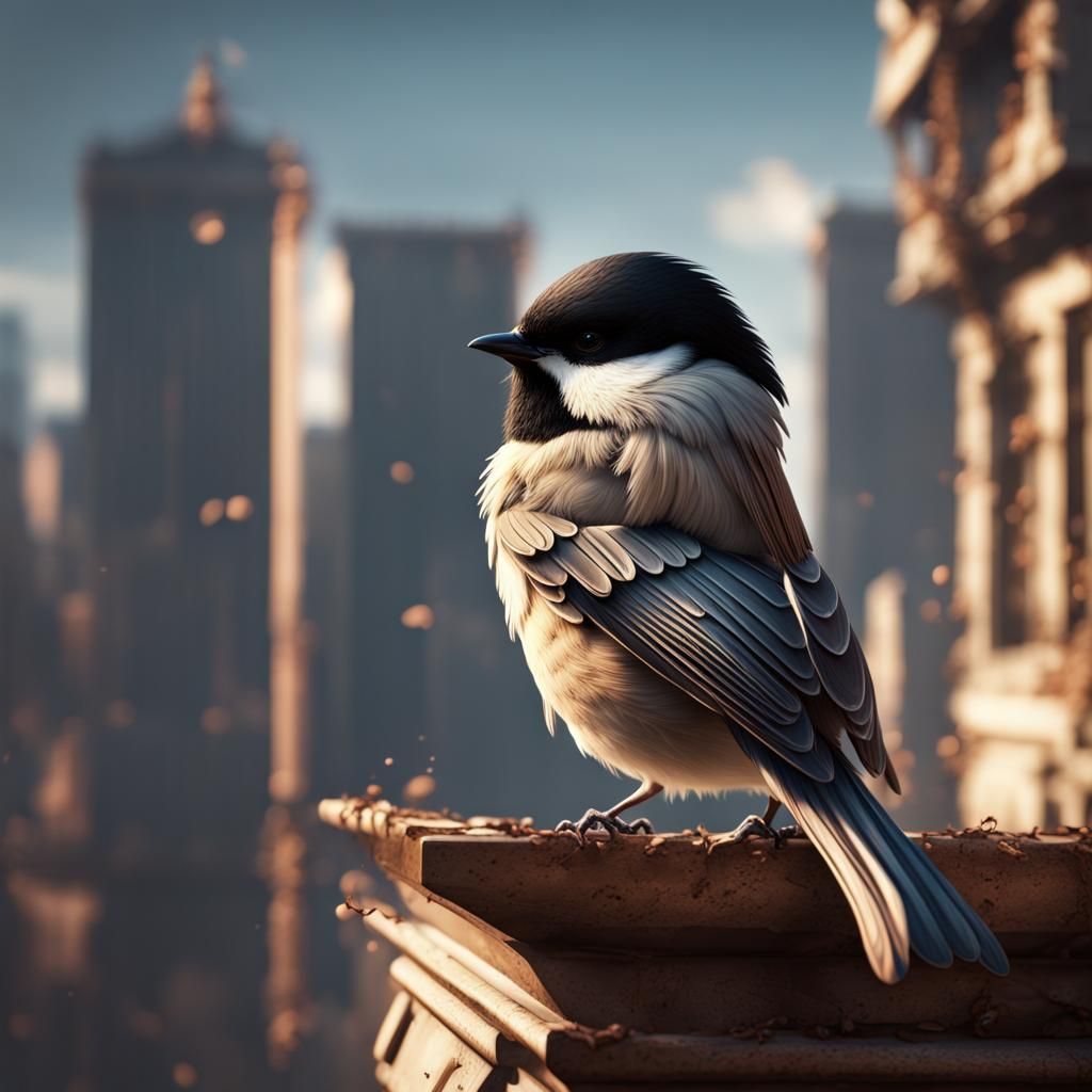 Chickadee on Building: Detailed Matte Painting