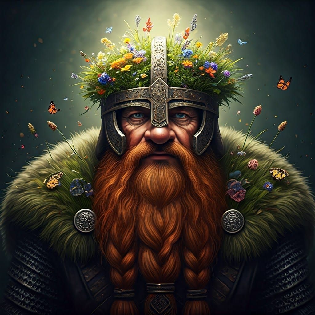 Dwarf Warrior with Floral Helm in Hyperrealistic Style