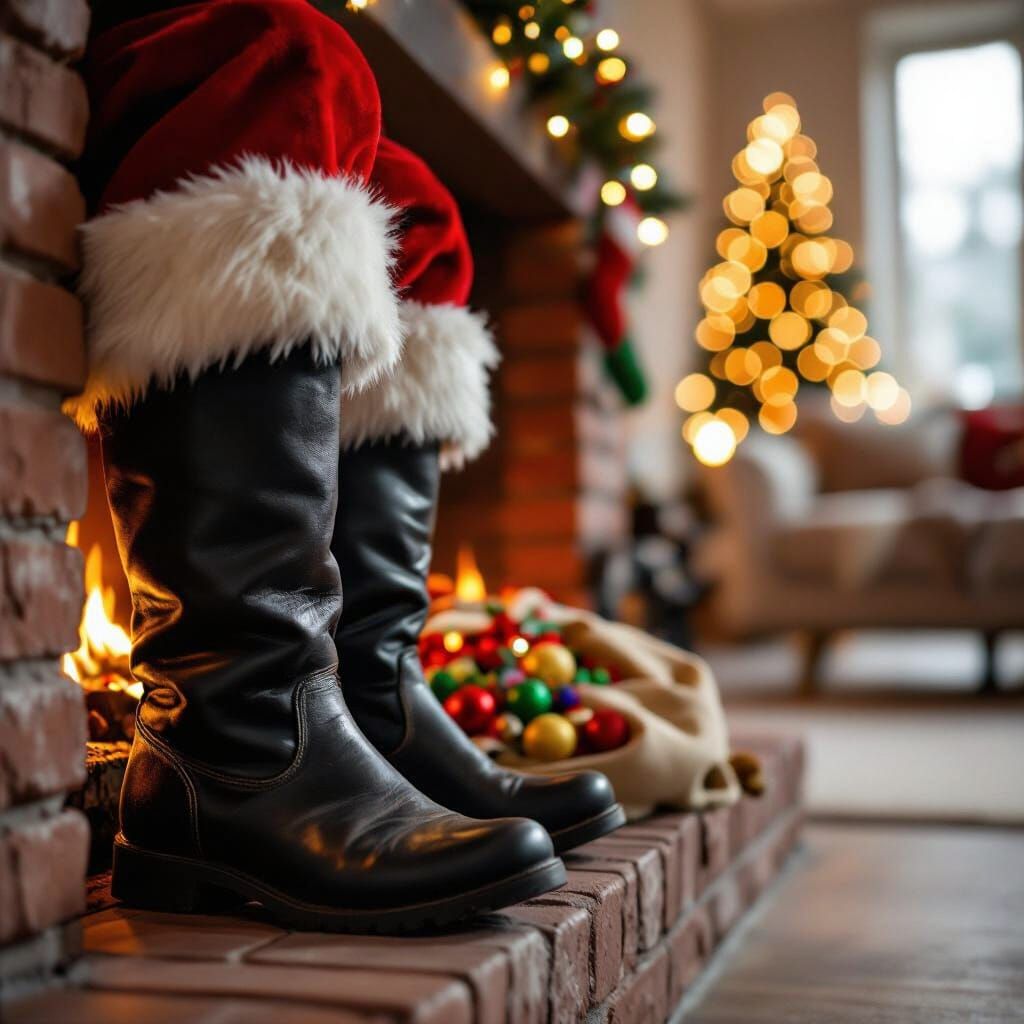 Santa's Boots and Toy Sack in Modern Fireplace Photo