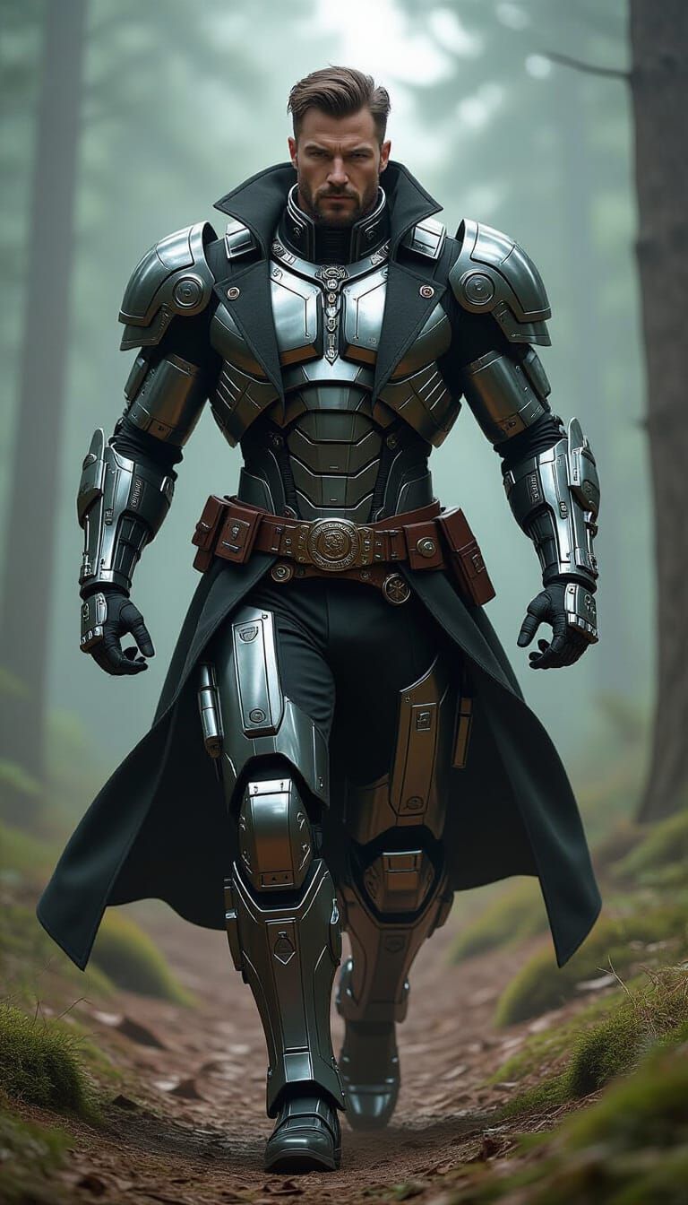 Victorian Cyborg in Forest, Industrial Futurism Style