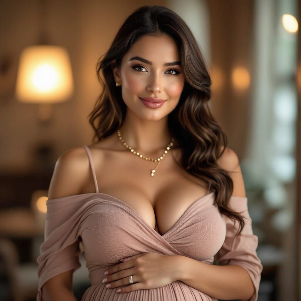 Pregnant Woman in Tight Dress with Prominent Breasts