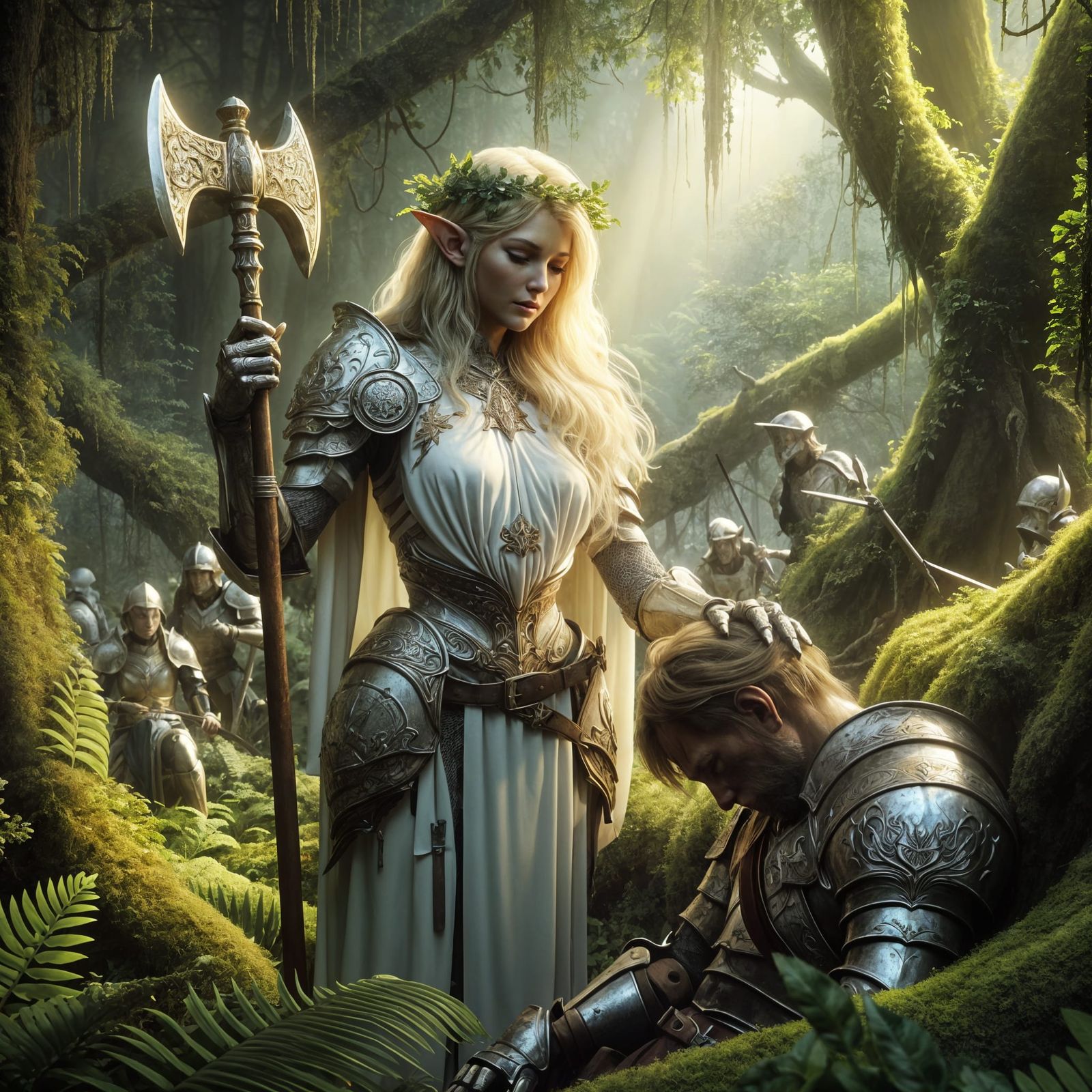 Serene White Knight Protects Injured Warrior in Hyperrealist...