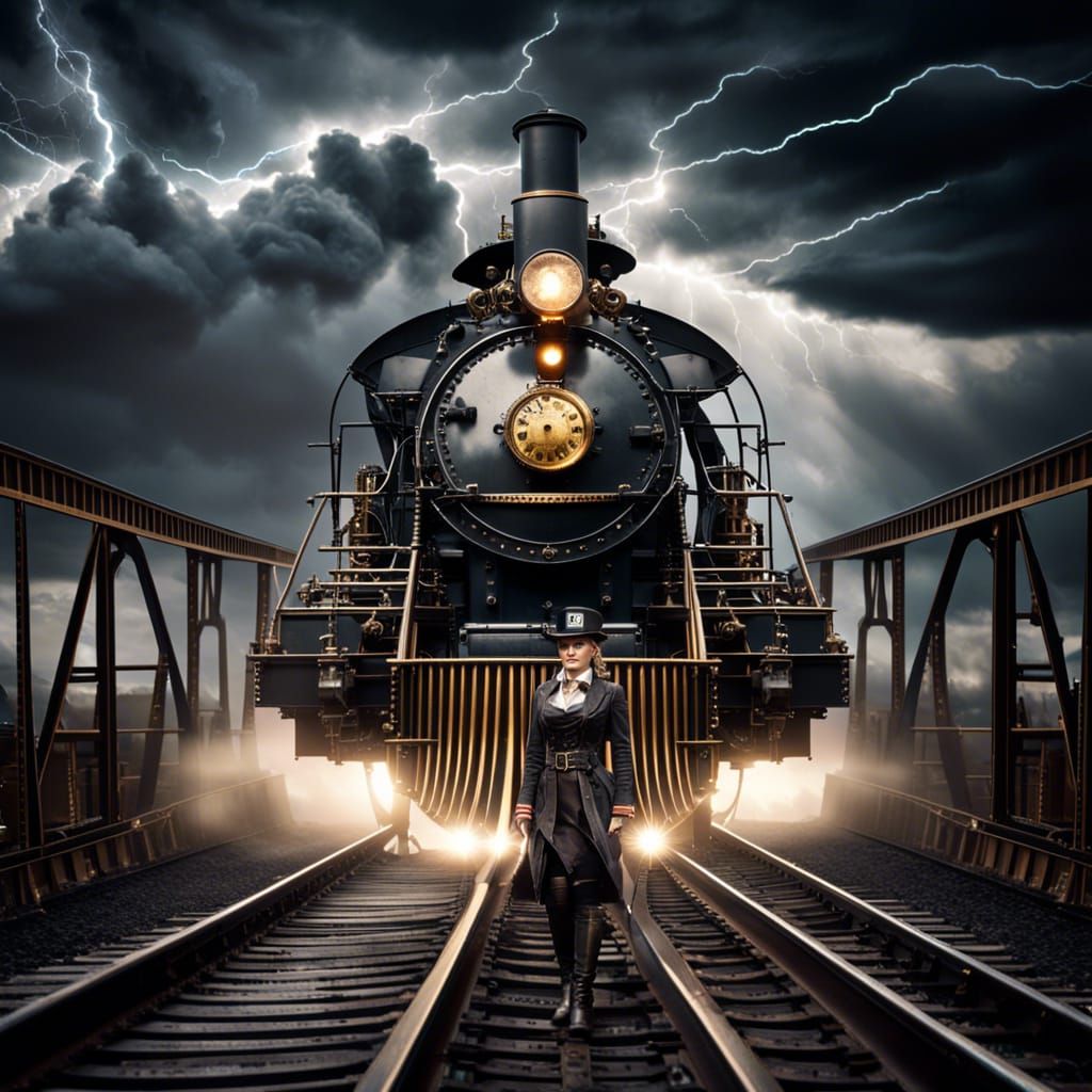 Steampunk Locomotive on Steel Trestle Bridge