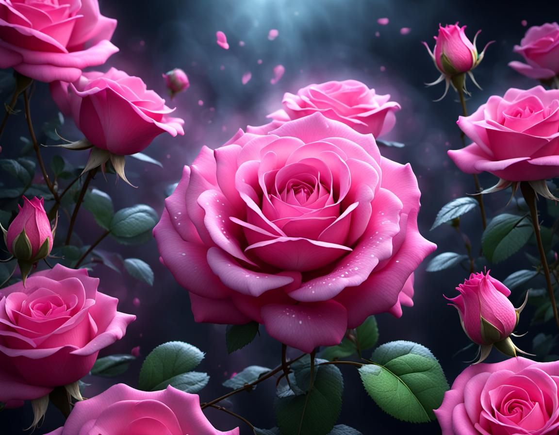 Shining Pink Rose in Mist: Photorealistic 3D Rendering