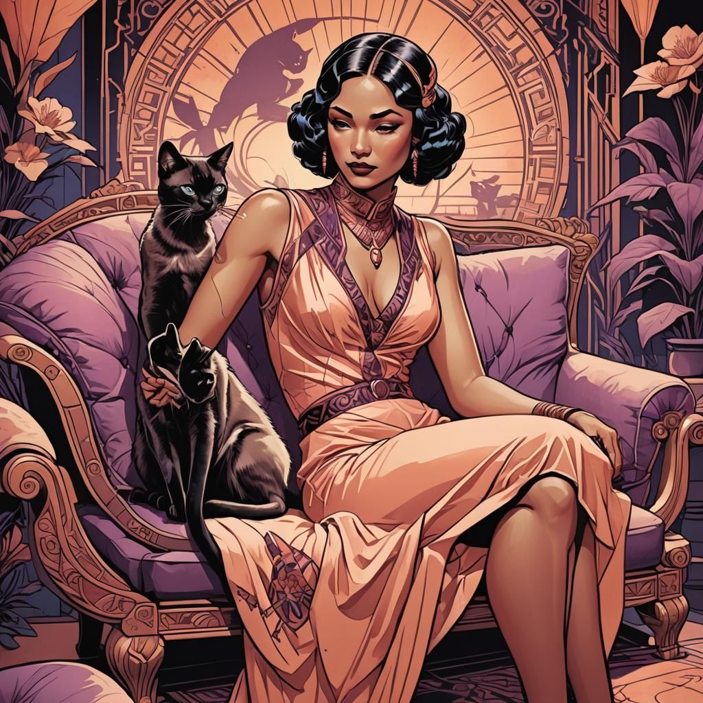 Art Deco Woman with Siamese Cat Comic Art