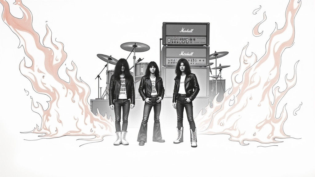 Fiery 1970s Rock Band Performance in Gritty Illustration Sty...