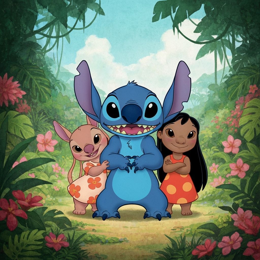 Stitch, Angel & Lilo in Vibrant Hawaiian Setting