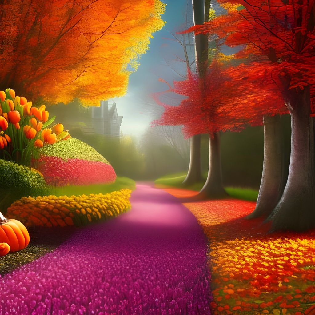 Vibrant Path Divided by Seasons in Fantasy Art