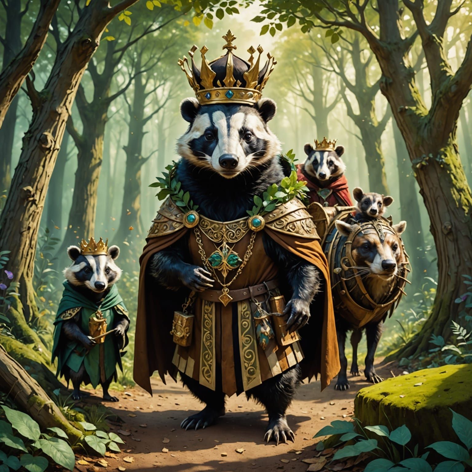 Badger King Carried by Woodland Creatures in Enchanted Fores...